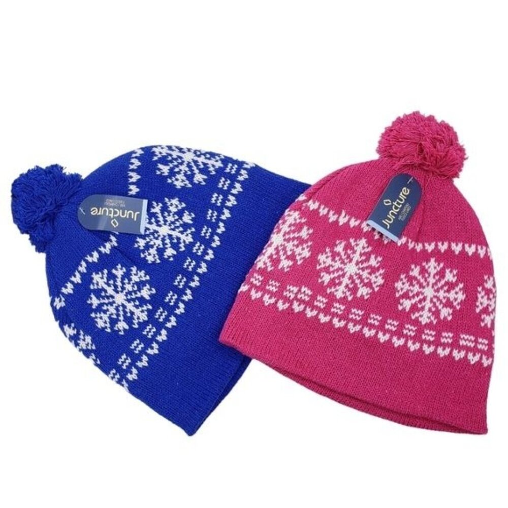 Juncture Set of 2 Winter Fleece Lined Puffy Ball Snowflake Hats Blue & Pink New